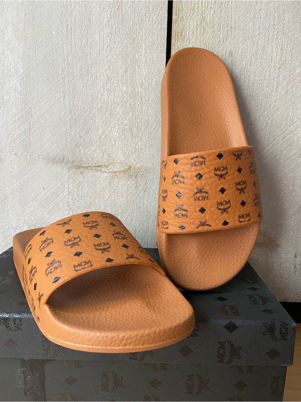 MCM Cognac Logo Slide Rubber Sandals